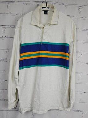 GANT Rugger Mens XL White Rugby Shirt with Blue Green Yellow Stripes Long Sleeve